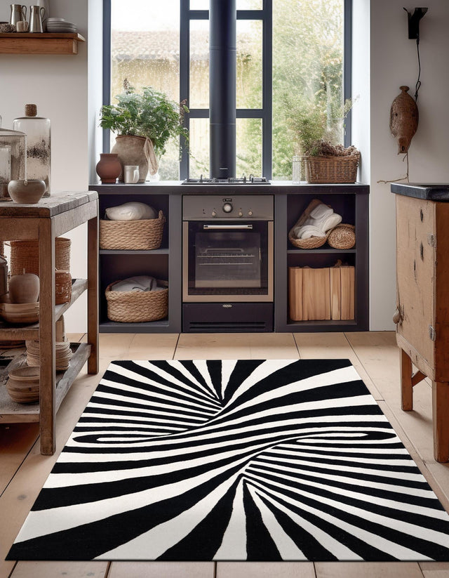 Black and White 5' 1 x 8' Vortex Wool Rectangle Area Rug Hand Tufted 100% Wool Pile & Cotton Backing All Natural Luxury 3D Carpet for Sale at Rug Engine