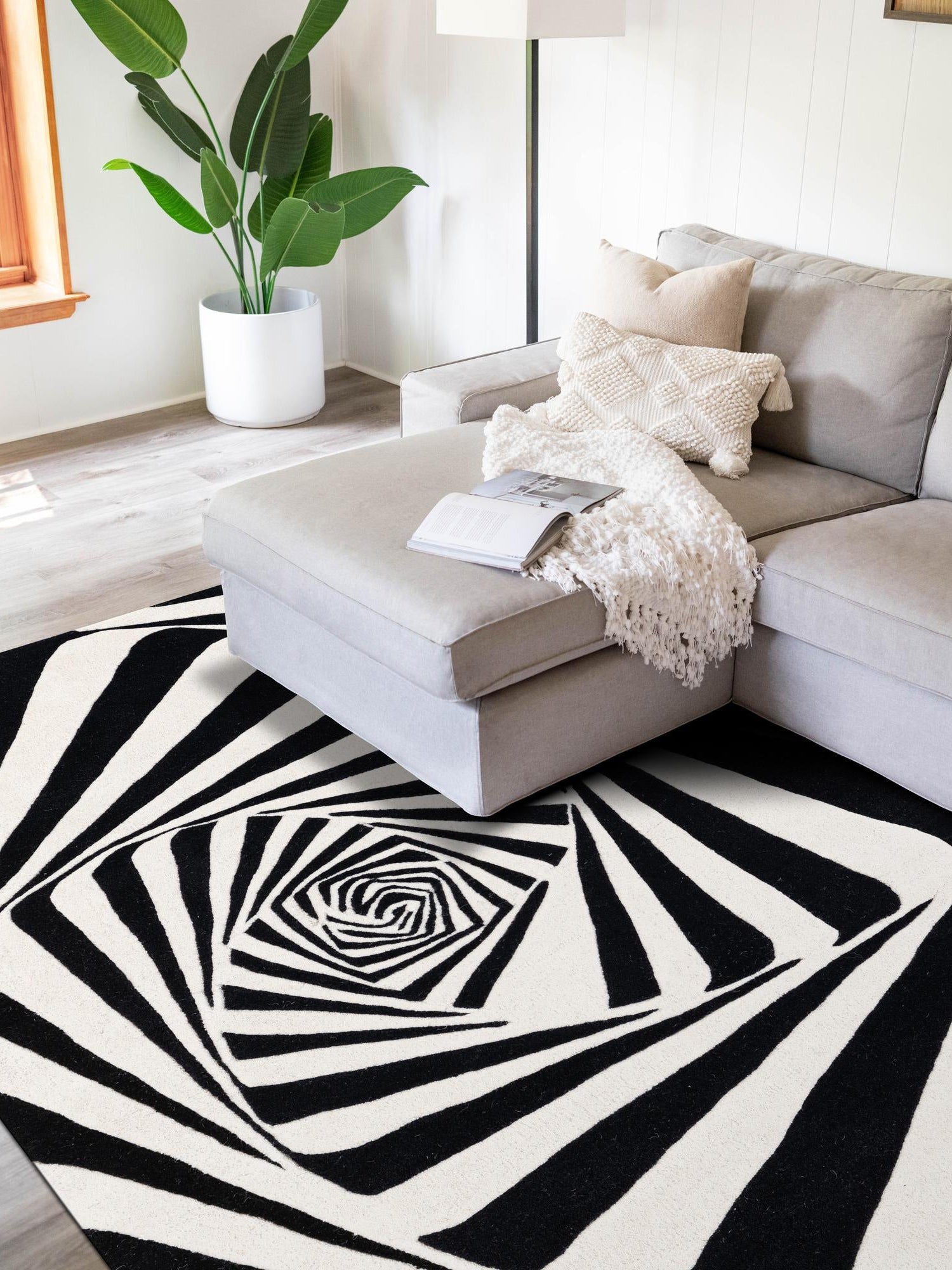 Black and White 6' 1 x 9' Vortex Wool Rectangle Area Rug Hand Tufted 100% Wool Pile & Cotton Backing All Natural Luxury 3D Carpet for Sale at Rug Engine