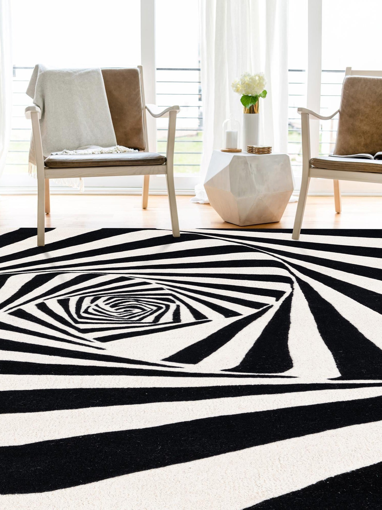 Black and White 7' 10 x 10' Vortex Wool Rectangle Area Rug Hand Tufted 100% Wool Pile & Cotton Backing All Natural Luxury 3D Carpet for Sale at Rug Engine