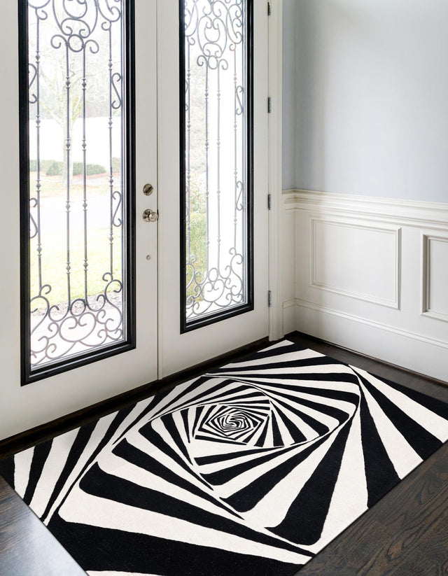 Black and White 5' 1 x 8' Vortex Wool Rectangle Area Rug Hand Tufted 100% Wool Pile & Cotton Backing All Natural Luxury 3D Carpet for Sale at Rug Engine