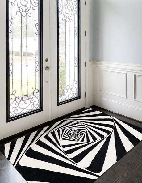 Black and White 3' 3 x 5' 3 Vortex Wool Rectangle Area Rug Hand Tufted 100% Wool Pile & Cotton Backing All Natural Luxury 3D Carpet for Sale at Rug Engine