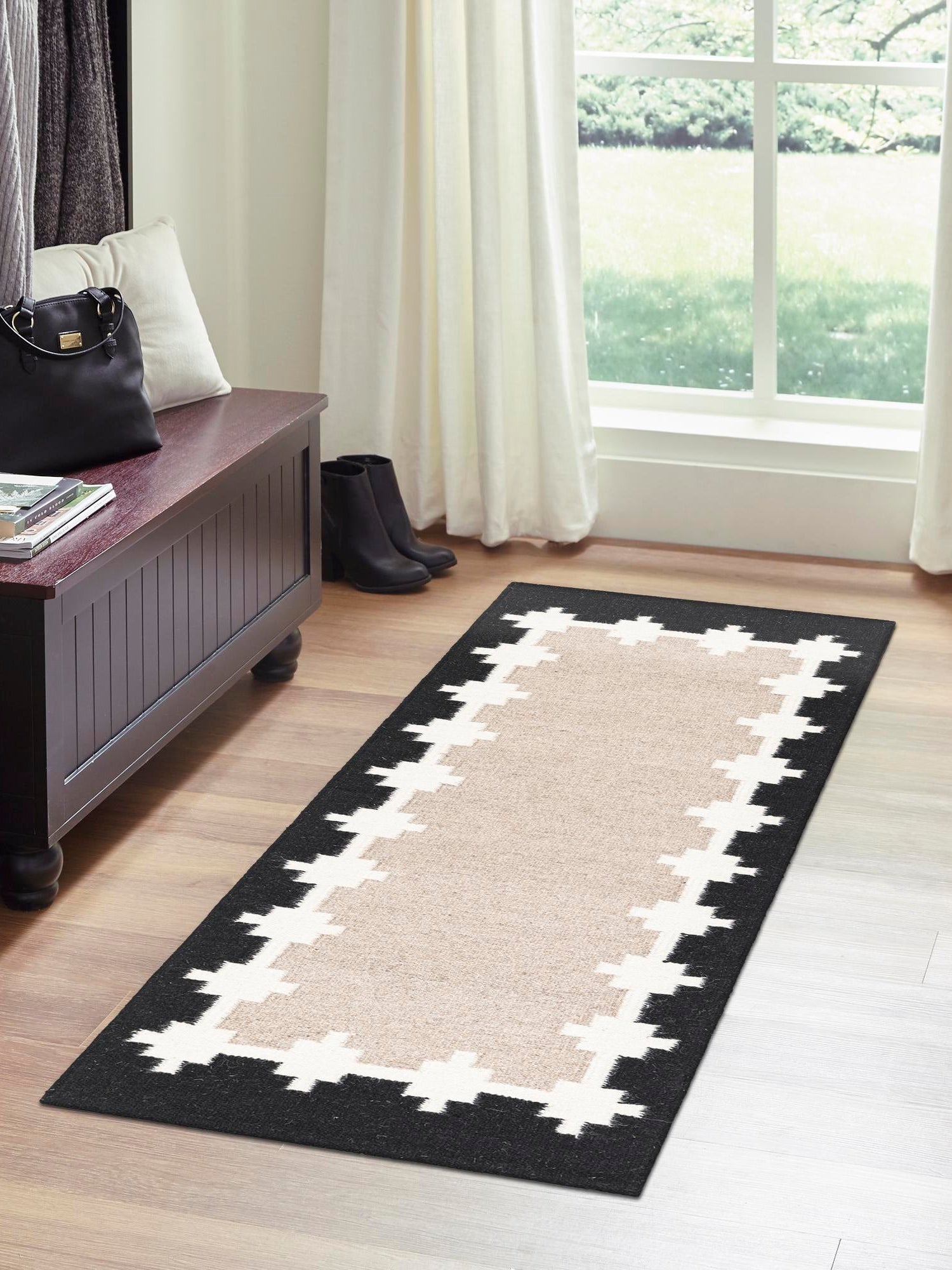 Gray and Black 2' x 6' 1 Kilim Wool Runner Area Rug Hand Woven All Natural Traditional Carpet for Unique Home Interior Design for Sale at Rug Engine