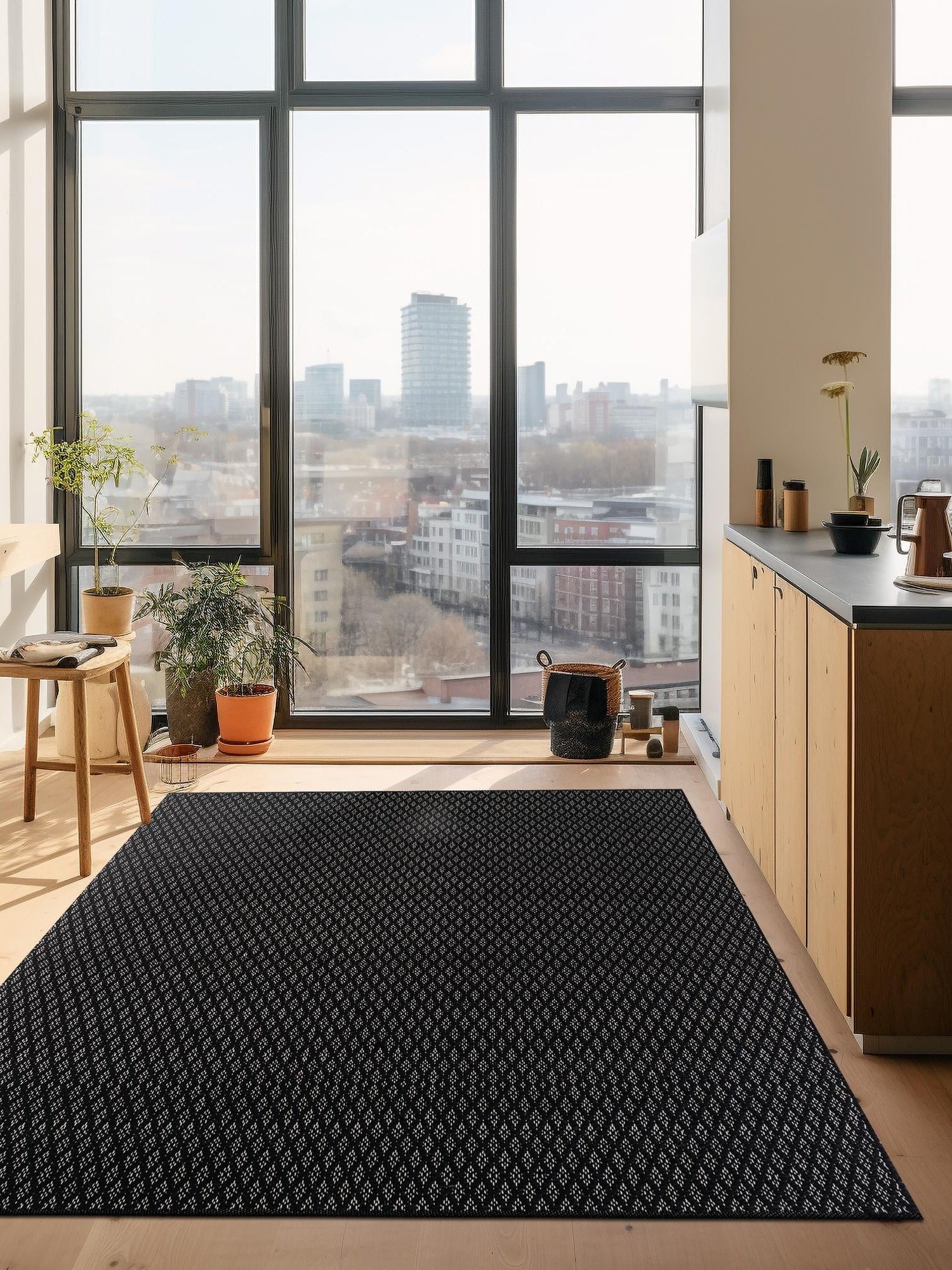 Black 6' 1 x 9' Lattice Wool Rectangle Area Rug All Natural Hand Woven Geometric Wool Carpet for Living, Dining, Office, Dorm Room Indoor Decor for Sale at Rug Engine