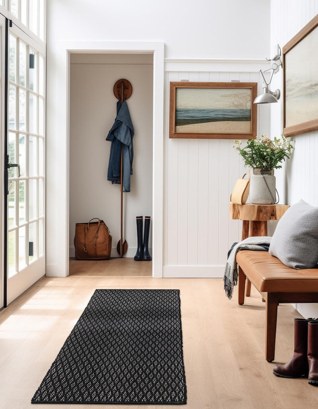 Black 2' x 4' 1 Lattice Wool Runner Area Rug All Natural Hand Woven Geometric Wool Carpet for Living, Dining, Office, Dorm Room Indoor Decor for Sale at Rug Engine