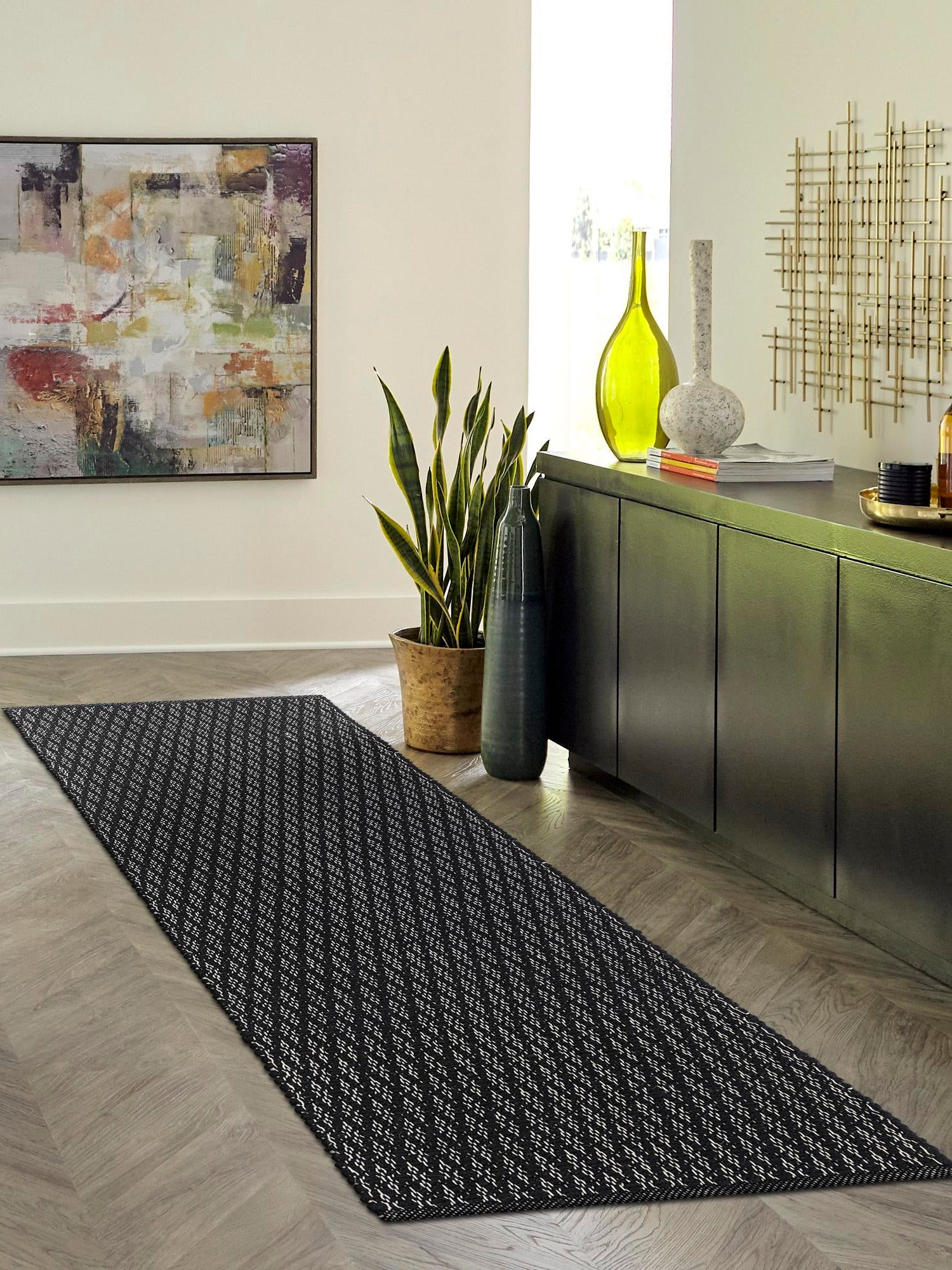 Black 2' x 4' 1 Lattice Wool Runner Area Rug All Natural Hand Woven Geometric Wool Carpet for Living, Dining, Office, Dorm Room Indoor Decor for Sale at Rug Engine