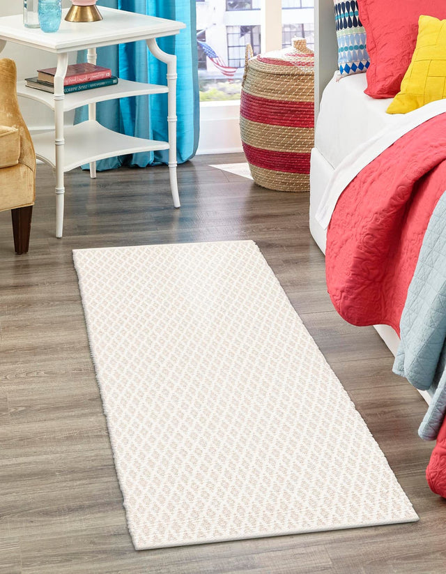 Ivory 2' x 6' 1 Lattice Wool Runner Area Rug All Natural Hand Woven Geometric Wool Carpet for Living, Dining, Office, Dorm Room Indoor Decor for Sale at Rug Engine