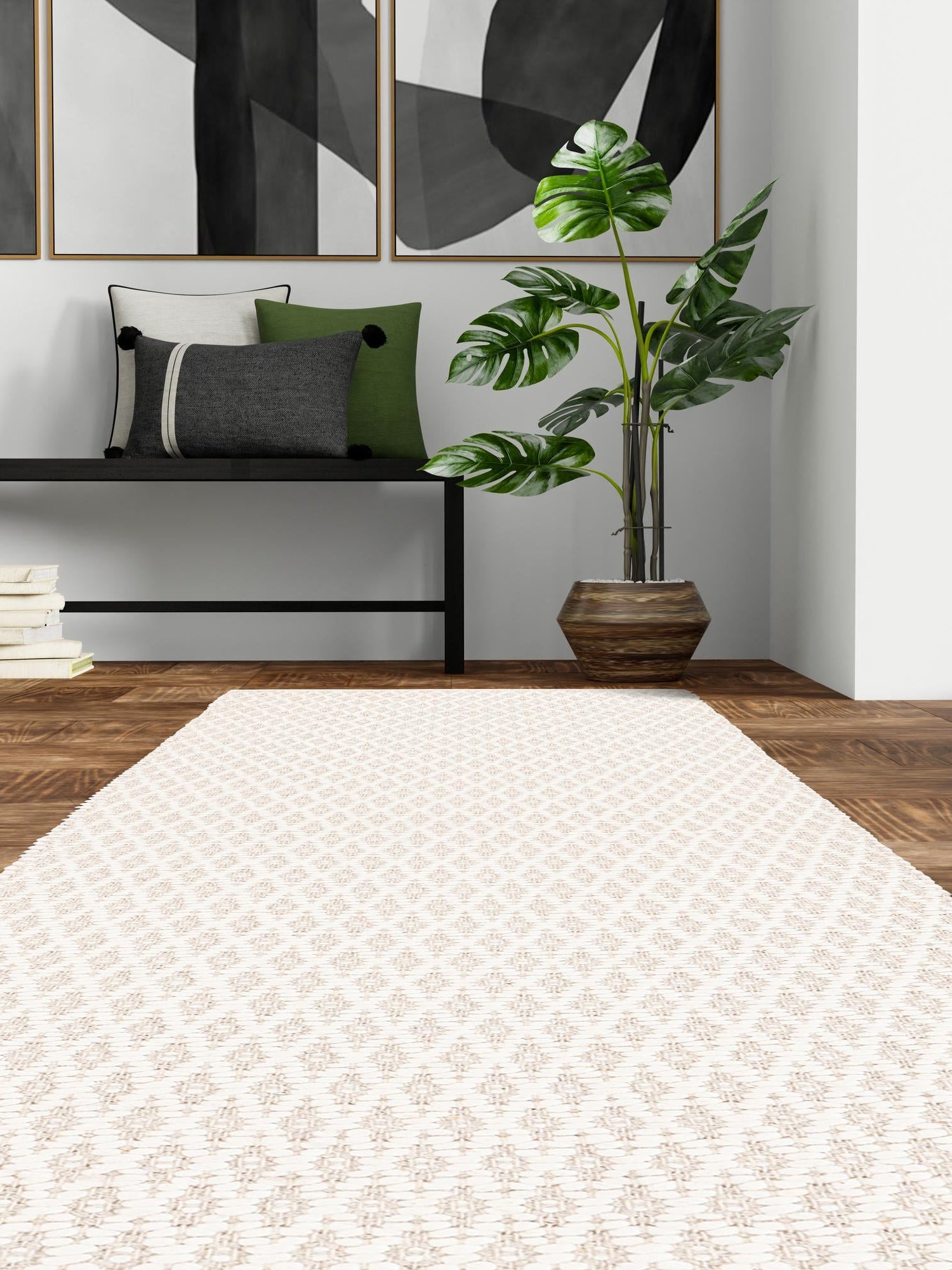 Ivory 3' 3 x 12' Lattice Wool Runner Area Rug All Natural Hand Woven Geometric Wool Carpet for Living, Dining, Office, Dorm Room Indoor Decor for Sale at Rug Engine
