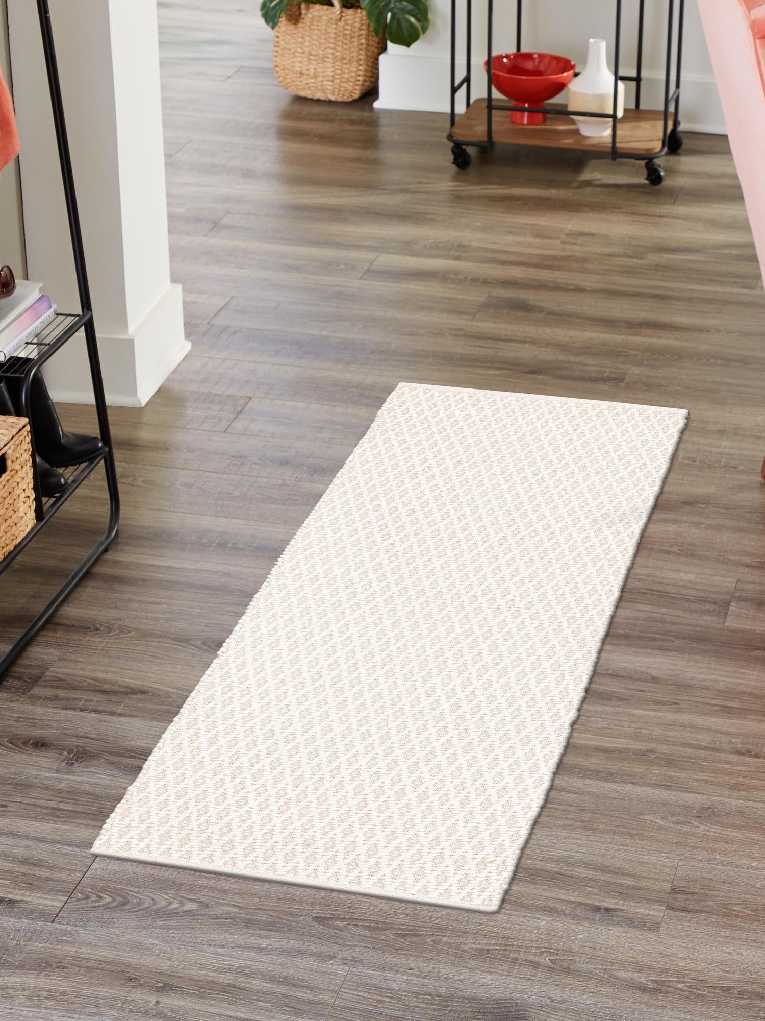 Ivory 2' x 8' Lattice Wool Runner Area Rug All Natural Hand Woven Geometric Wool Carpet for Living, Dining, Office, Dorm Room Indoor Decor for Sale at Rug Engine