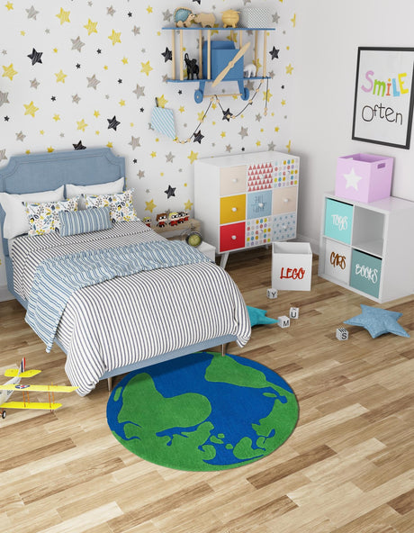 Blue and Green 5' 1 x 5' 1 Playtime Kids Wool Freeform Area Rug for Baby Nursery, Toddler Playroom,  Bedrooms Hand Tufted High Quality Dense  Wool Pile Natural Carpet for Sale at Rug Engine