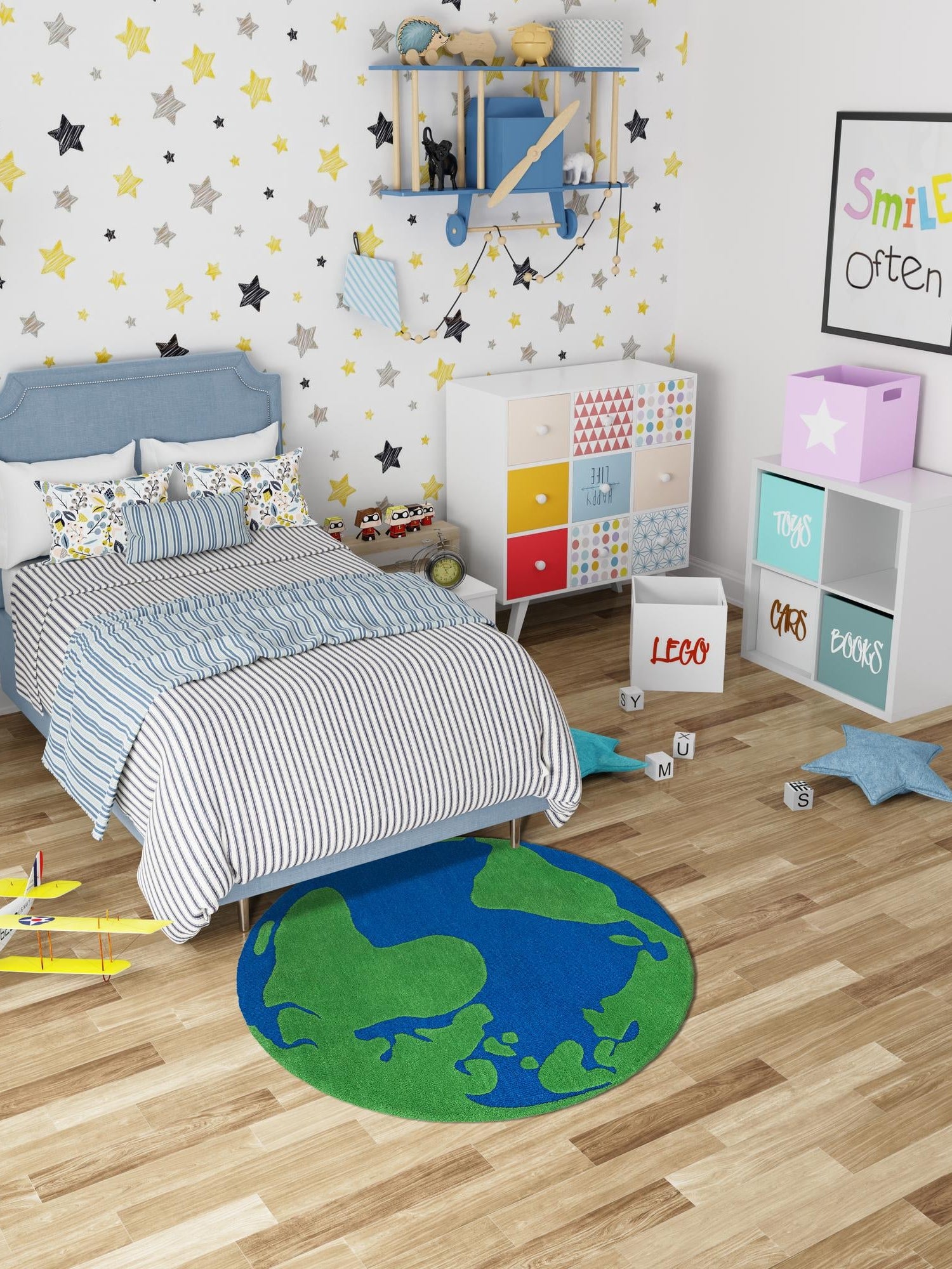 Blue and Green 7' 10 x 7' 10 Playtime Kids Wool Freeform Area Rug for Baby Nursery, Toddler Playroom,  Bedrooms Hand Tufted High Quality Dense  Wool Pile Natural Carpet for Sale at Rug Engine