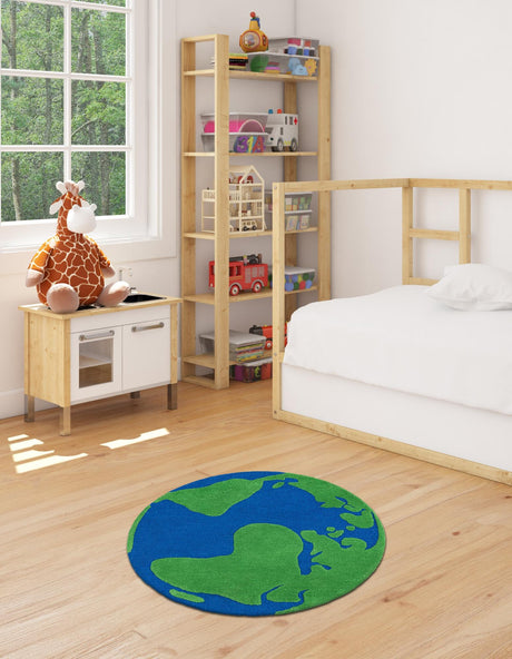 Blue and Green 4' 1 x 4' 1 Playtime Kids Wool Freeform Area Rug for Baby Nursery, Toddler Playroom,  Bedrooms Hand Tufted High Quality Dense  Wool Pile Natural Carpet for Sale at Rug Engine