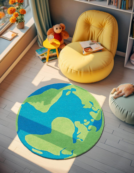 Blue and Green 4' 1 x 4' 1 Playtime Kids Wool Freeform Area Rug for Baby Nursery, Toddler Playroom,  Bedrooms Hand Tufted High Quality Dense  Wool Pile Natural Carpet for Sale at Rug Engine