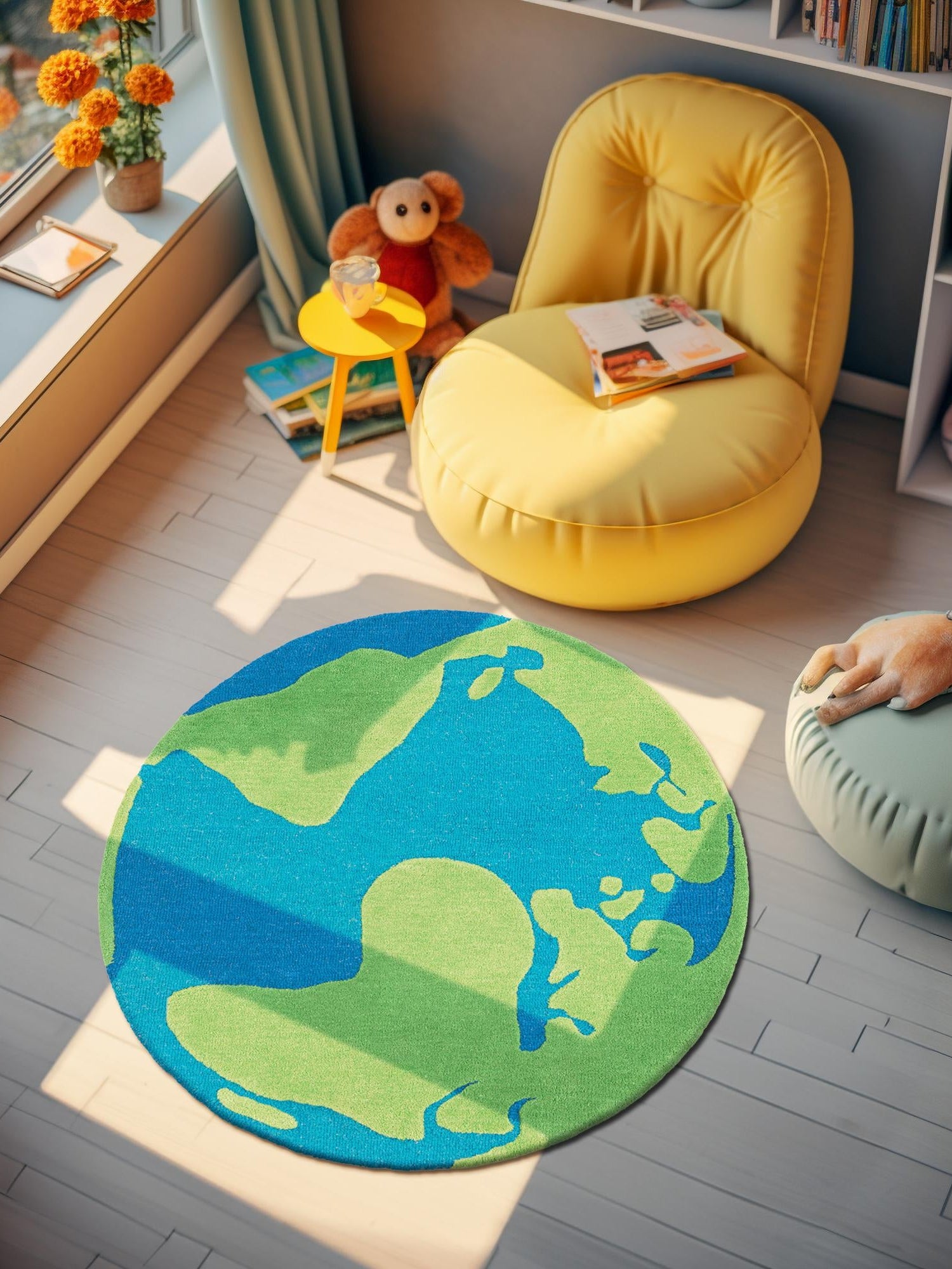 Blue and Green 7' 10 x 7' 10 Playtime Kids Wool Freeform Area Rug for Baby Nursery, Toddler Playroom,  Bedrooms Hand Tufted High Quality Dense  Wool Pile Natural Carpet for Sale at Rug Engine