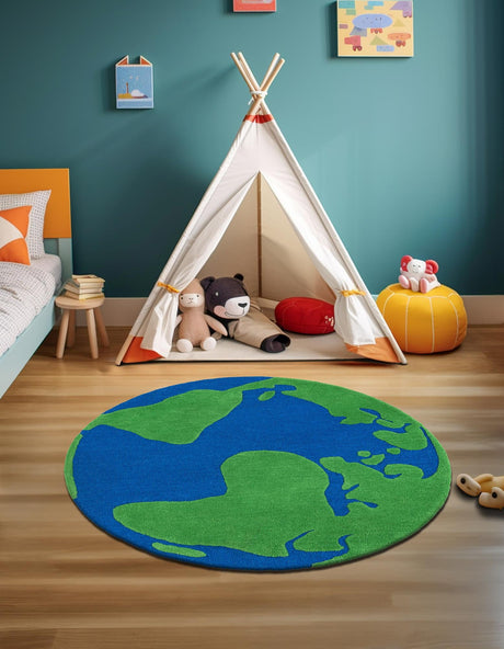 Blue and Green 3' 1 x 3' 1 Playtime Kids Wool Freeform Area Rug for Baby Nursery, Toddler Playroom,  Bedrooms Hand Tufted High Quality Dense  Wool Pile Natural Carpet for Sale at Rug Engine