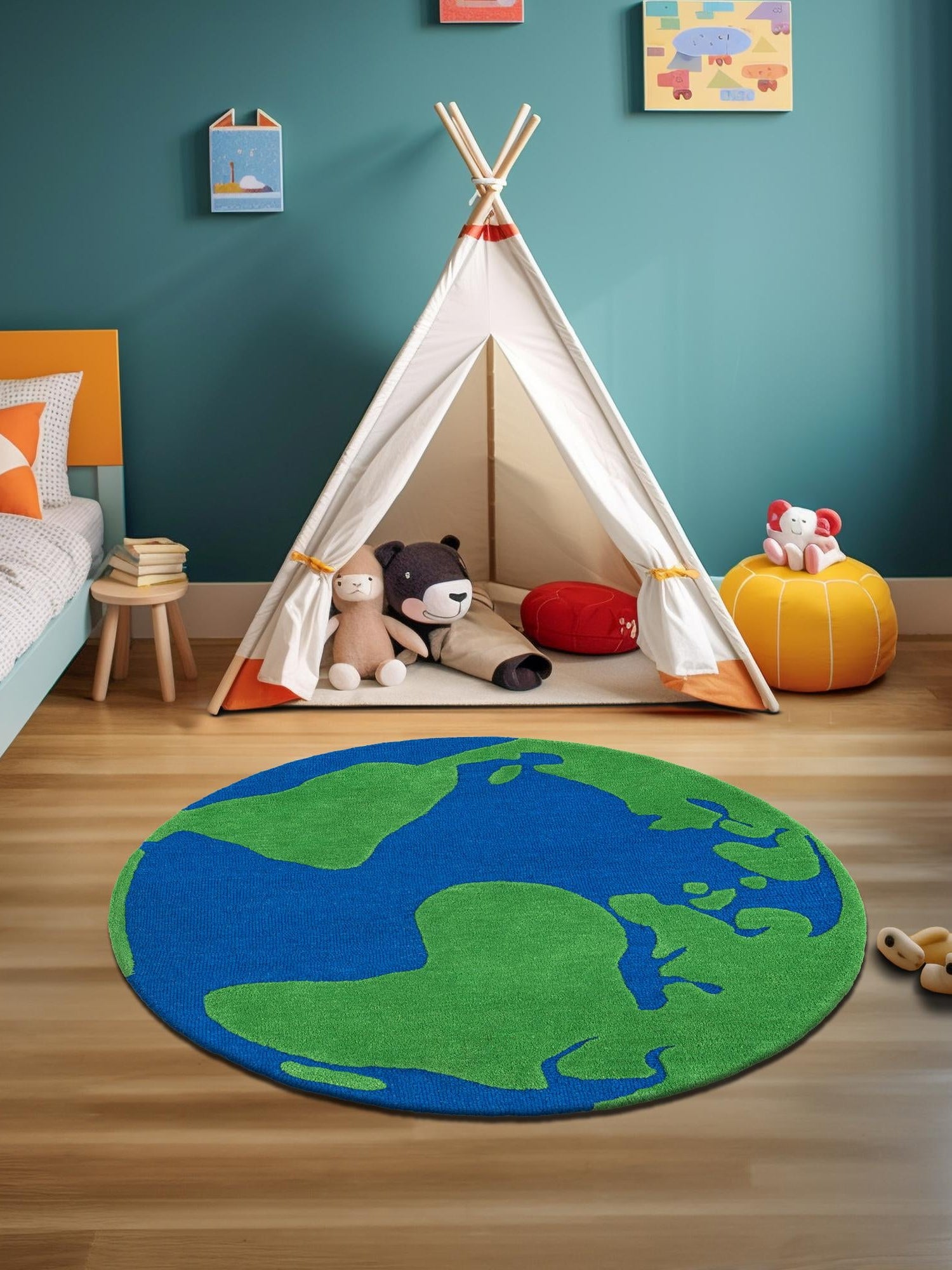 Blue and Green 5' 1 x 5' 1 Playtime Kids Wool Freeform Area Rug for Baby Nursery, Toddler Playroom,  Bedrooms Hand Tufted High Quality Dense  Wool Pile Natural Carpet for Sale at Rug Engine