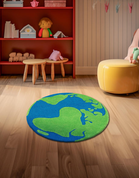 Blue and Green 3' 1 x 3' 1 Playtime Kids Wool Freeform Area Rug for Baby Nursery, Toddler Playroom,  Bedrooms Hand Tufted High Quality Dense  Wool Pile Natural Carpet for Sale at Rug Engine