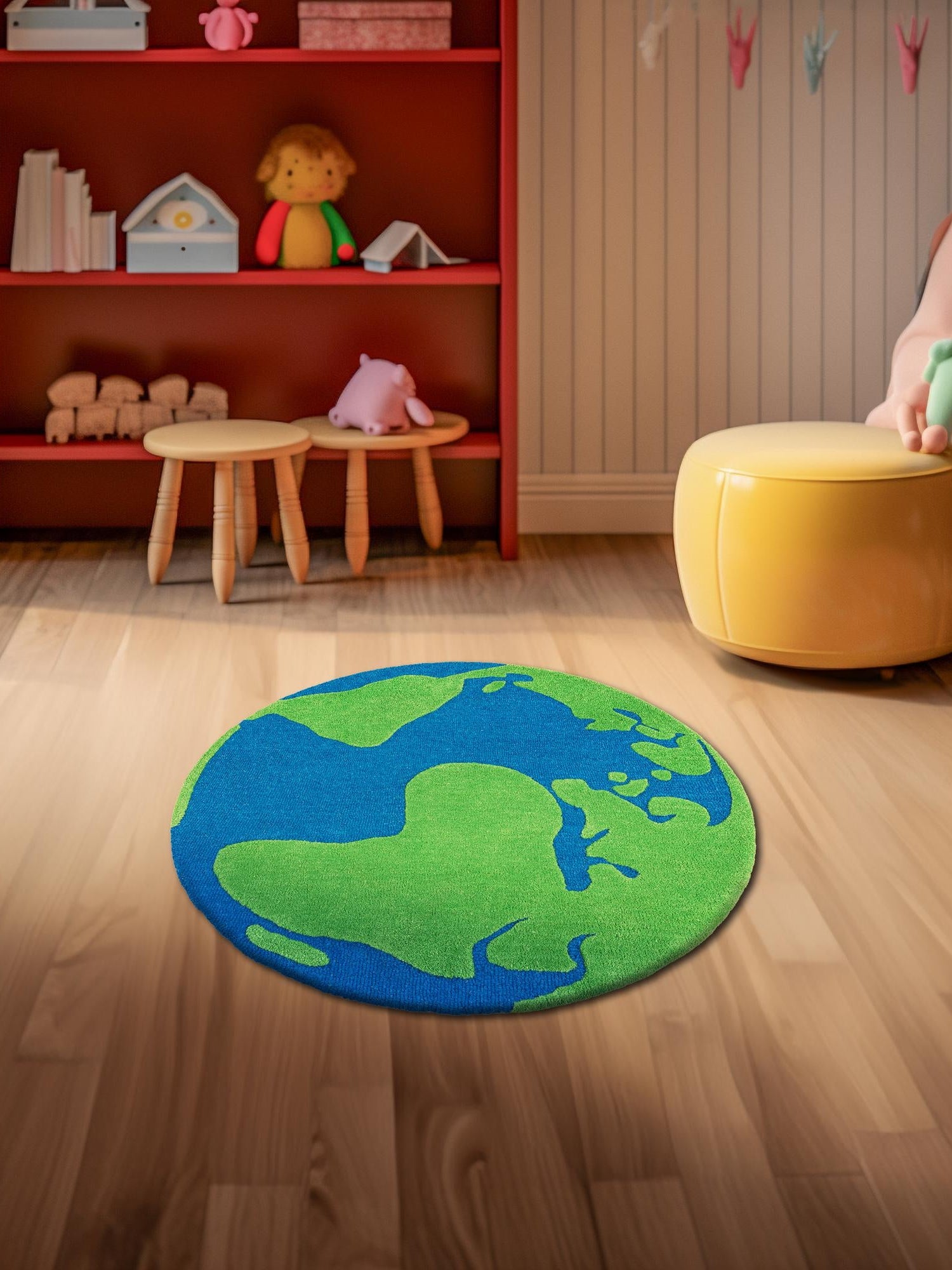Blue and Green 5' 1 x 5' 1 Playtime Kids Wool Freeform Area Rug for Baby Nursery, Toddler Playroom,  Bedrooms Hand Tufted High Quality Dense  Wool Pile Natural Carpet for Sale at Rug Engine