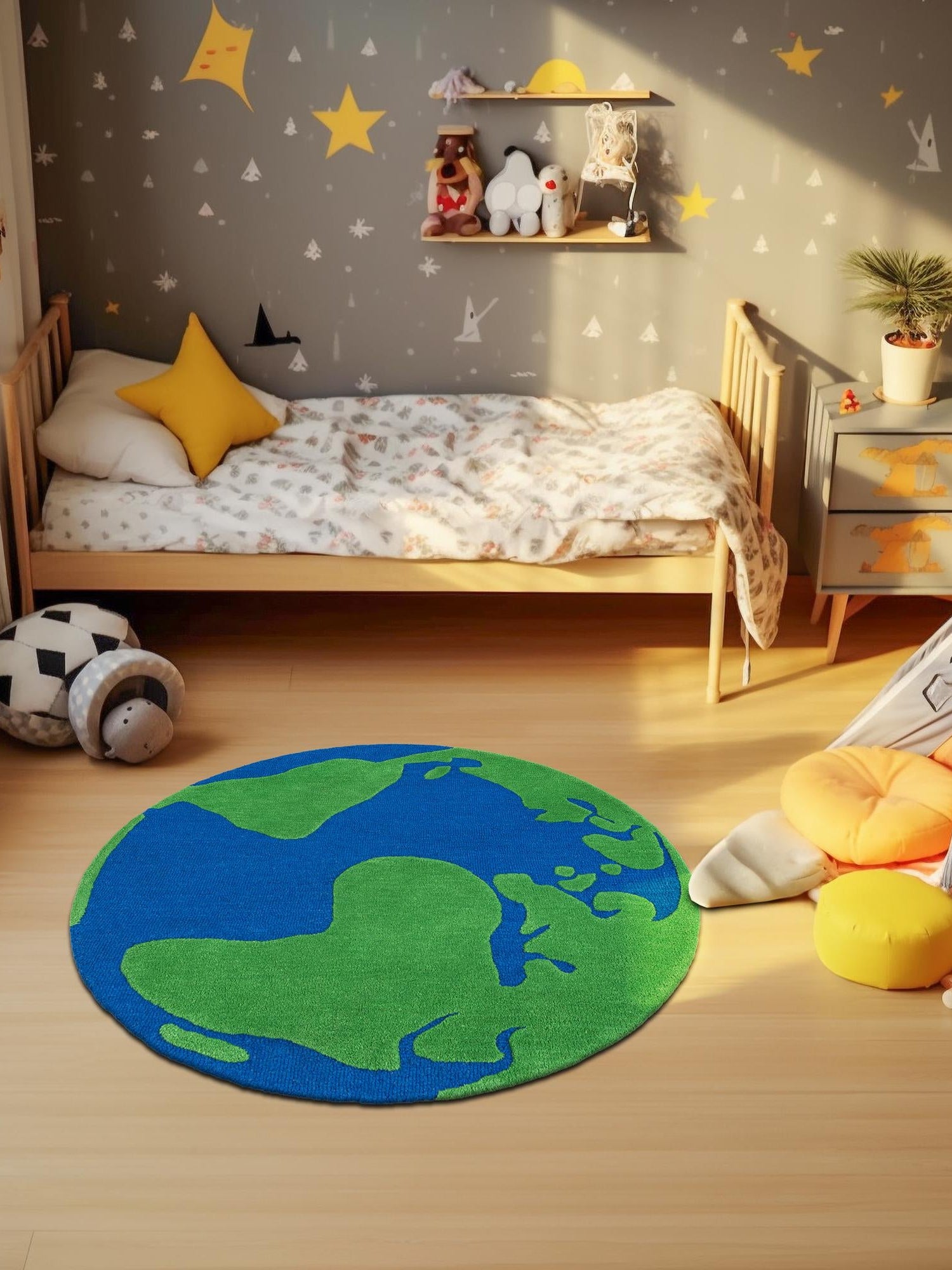 Blue and Green 5' 1 x 5' 1 Playtime Kids Wool Freeform Area Rug for Baby Nursery, Toddler Playroom,  Bedrooms Hand Tufted High Quality Dense  Wool Pile Natural Carpet for Sale at Rug Engine