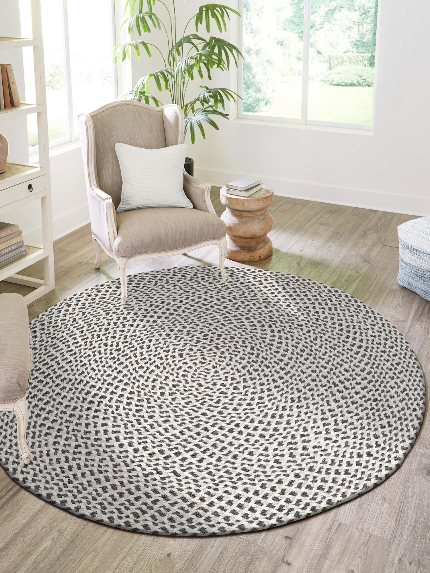 Gray 3' 1 x 3' 1 Tweed Braided Jute Round Area Rug 100% All Natural Jute Hand Braided in India Carpet for Unique Luxury Home Interiors for Sale at Rug Engine