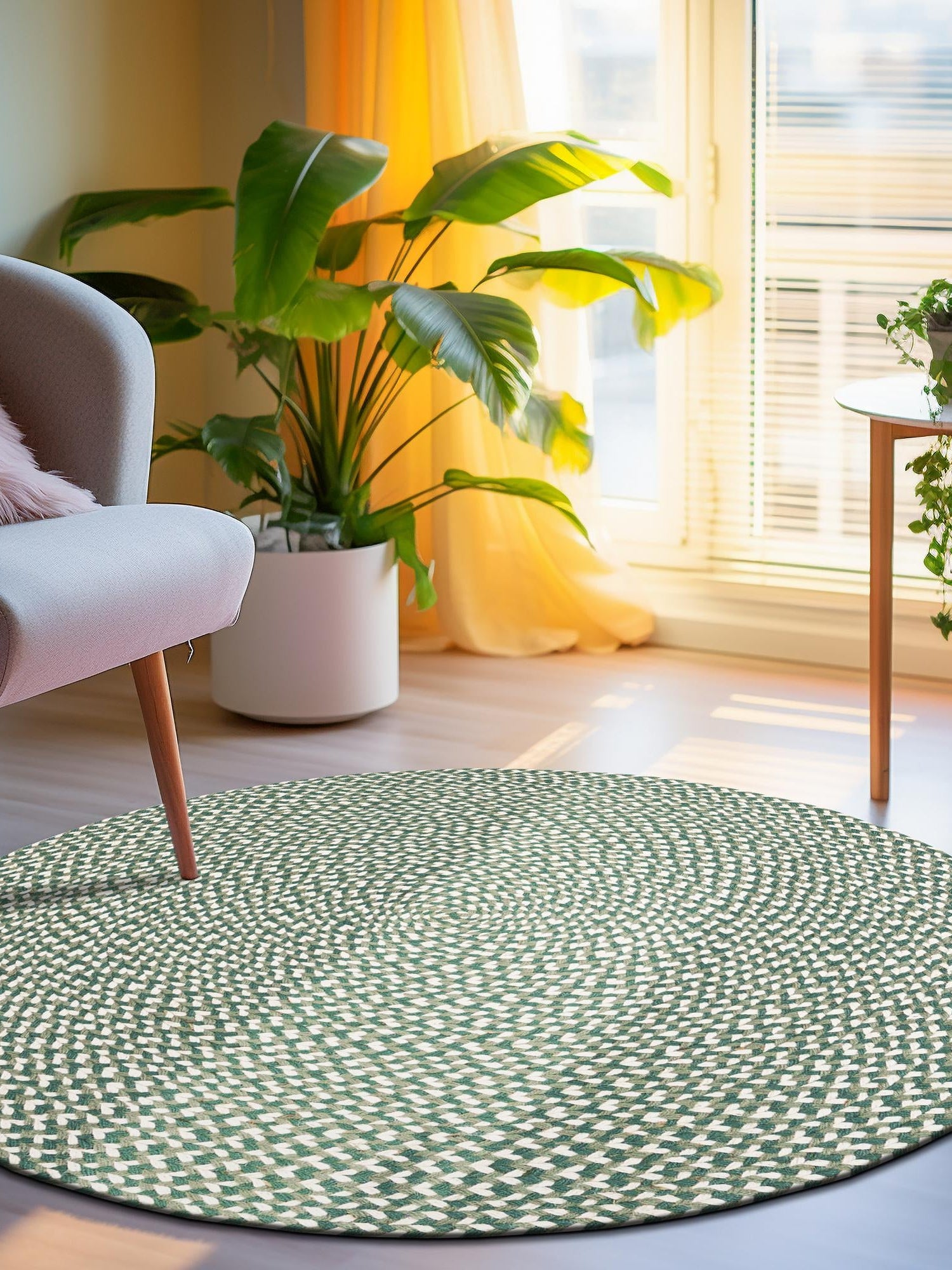 Green 4' 1 x 4' 1 Tweed Braided Jute Round Area Rug 100% All Natural Jute Hand Braided in India Carpet for Unique Luxury Home Interiors for Sale at Rug Engine