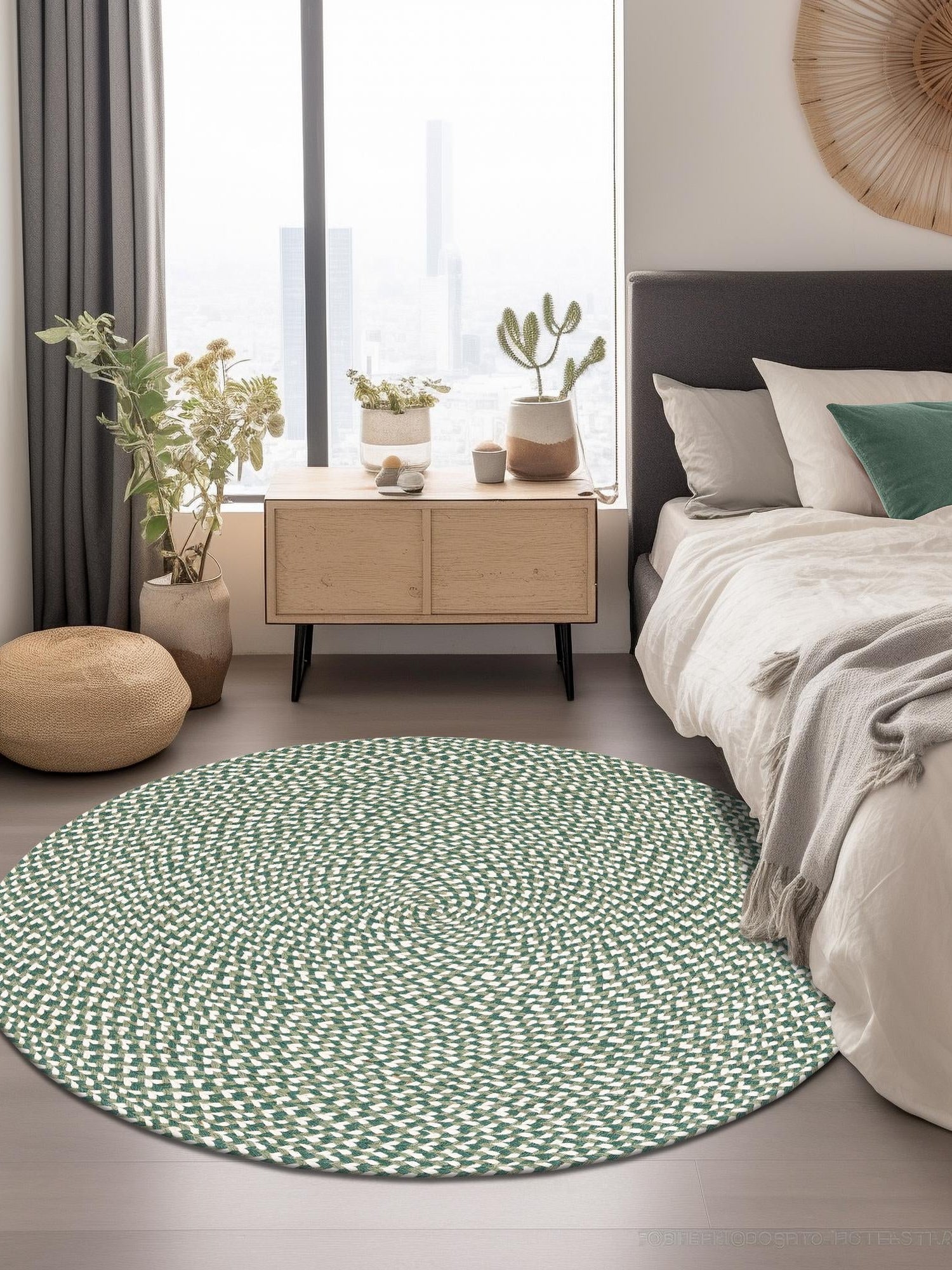 Green 2' x 2' Tweed Braided Jute Round Area Rug 100% All Natural Jute Hand Braided in India Carpet for Unique Luxury Home Interiors for Sale at Rug Engine