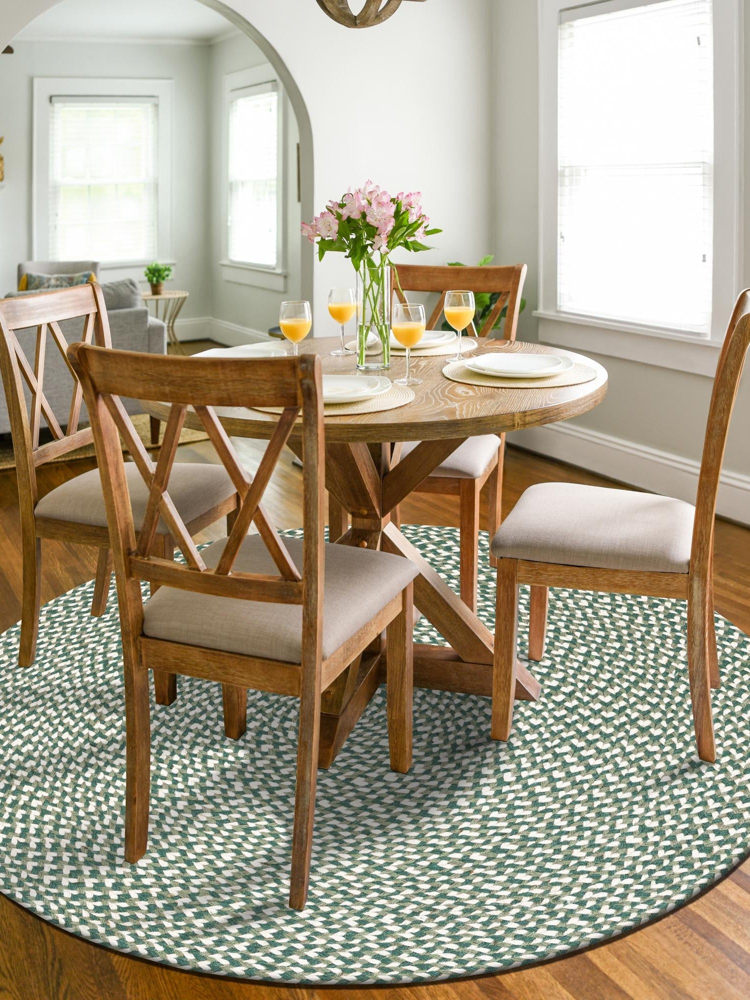 Green 4' 1 x 4' 1 Tweed Braided Jute Round Area Rug 100% All Natural Jute Hand Braided in India Carpet for Unique Luxury Home Interiors for Sale at Rug Engine