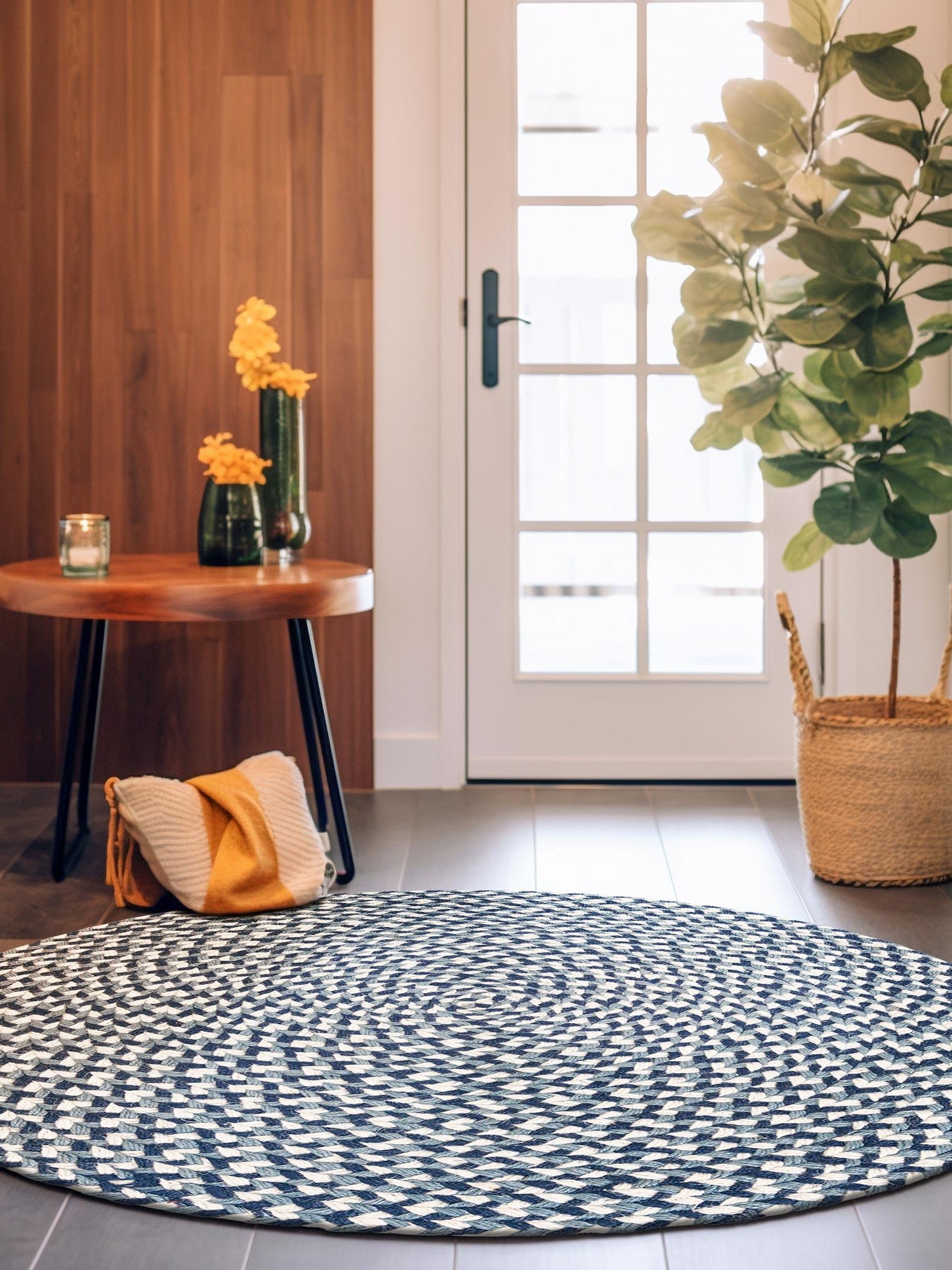 Navy Blue 2' x 2' Tweed Braided Jute Round Area Rug 100% All Natural Jute Hand Braided in India Carpet for Unique Luxury Home Interiors for Sale at Rug Engine