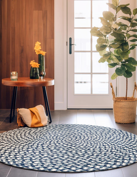 Navy Blue 8' x 8' Tweed Braided Jute Round Rug