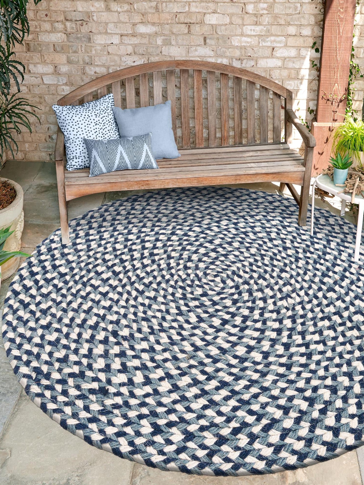 Navy Blue 4' 1 x 4' 1 Tweed Braided Jute Round Area Rug 100% All Natural Jute Hand Braided in India Carpet for Unique Luxury Home Interiors for Sale at Rug Engine