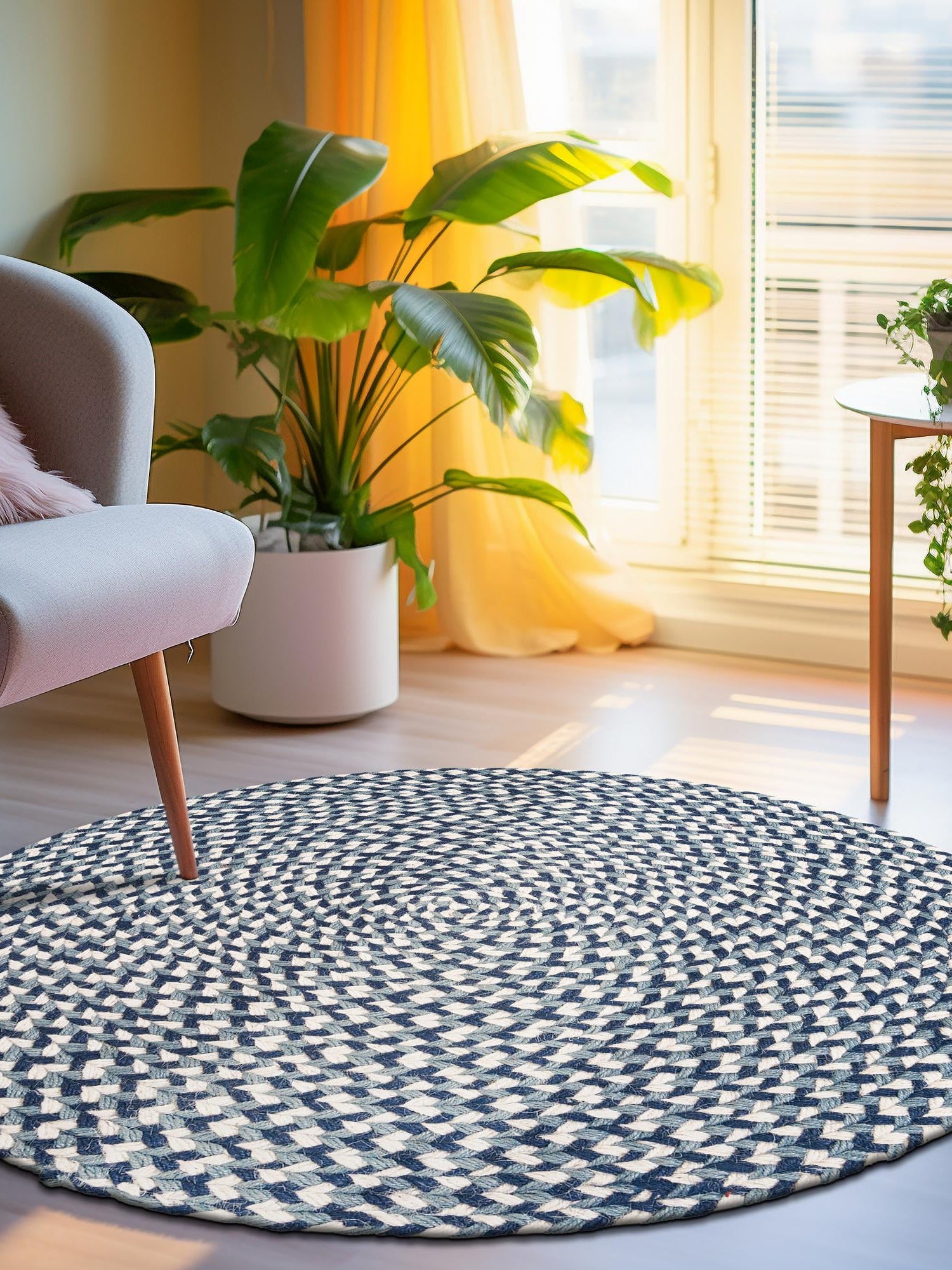 Navy Blue 3' 1 x 3' 1 Tweed Braided Jute Round Area Rug 100% All Natural Jute Hand Braided in India Carpet for Unique Luxury Home Interiors for Sale at Rug Engine