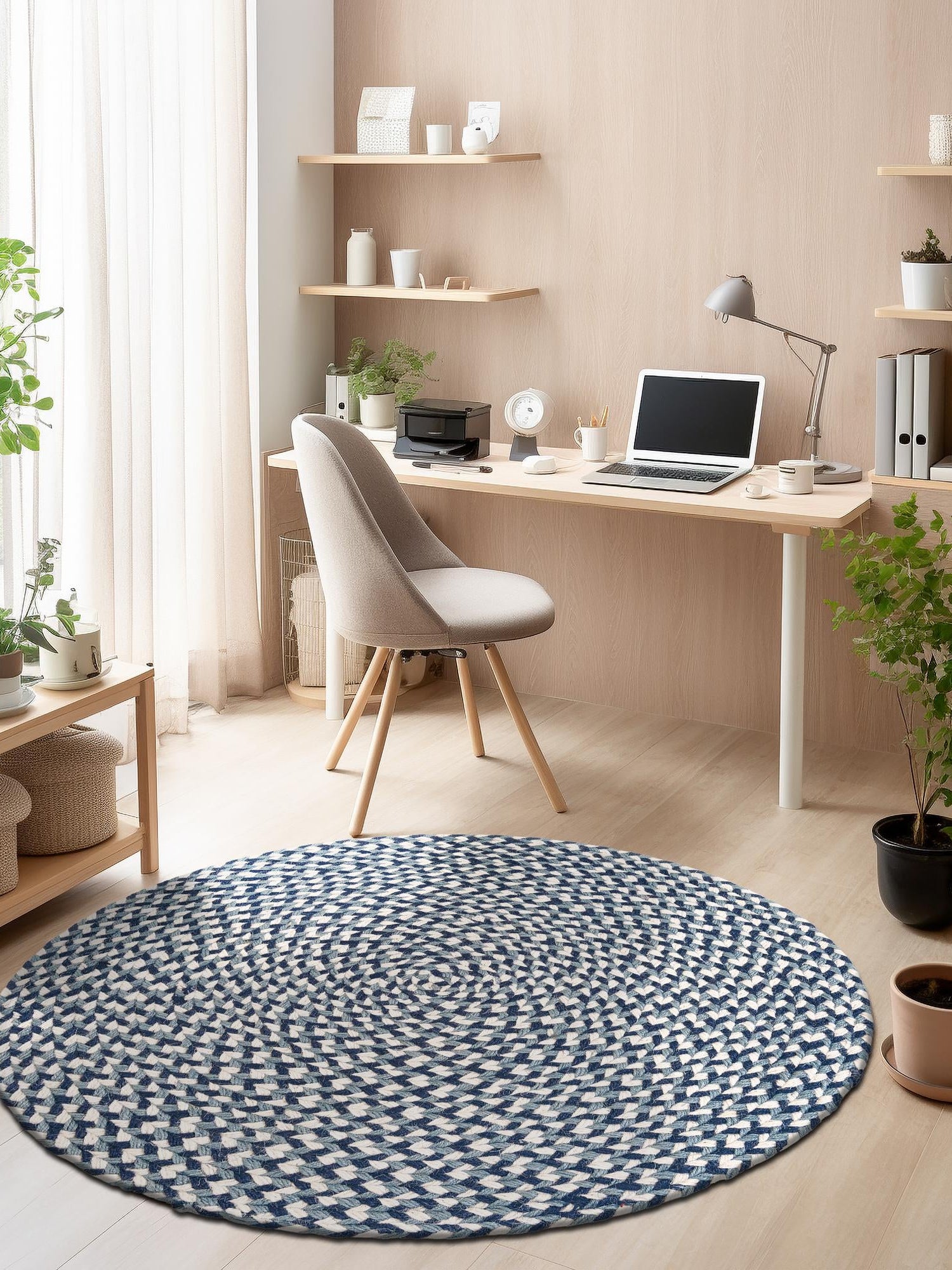 Navy Blue 7' 10 x 7' 10 Tweed Braided Jute Round Area Rug 100% All Natural Jute Hand Braided in India Carpet for Unique Luxury Home Interiors for Sale at Rug Engine