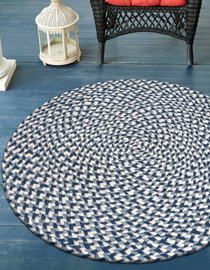 Navy Blue 3' 1 x 3' 1 Tweed Braided Jute Round Rug