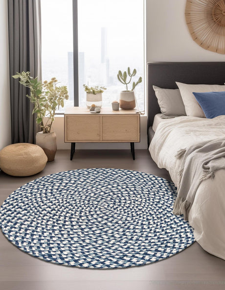 Navy Blue 3' 1 x 3' 1 Tweed Braided Jute Round Area Rug 100% All Natural Jute Hand Braided in India Carpet for Unique Luxury Home Interiors for Sale at Rug Engine