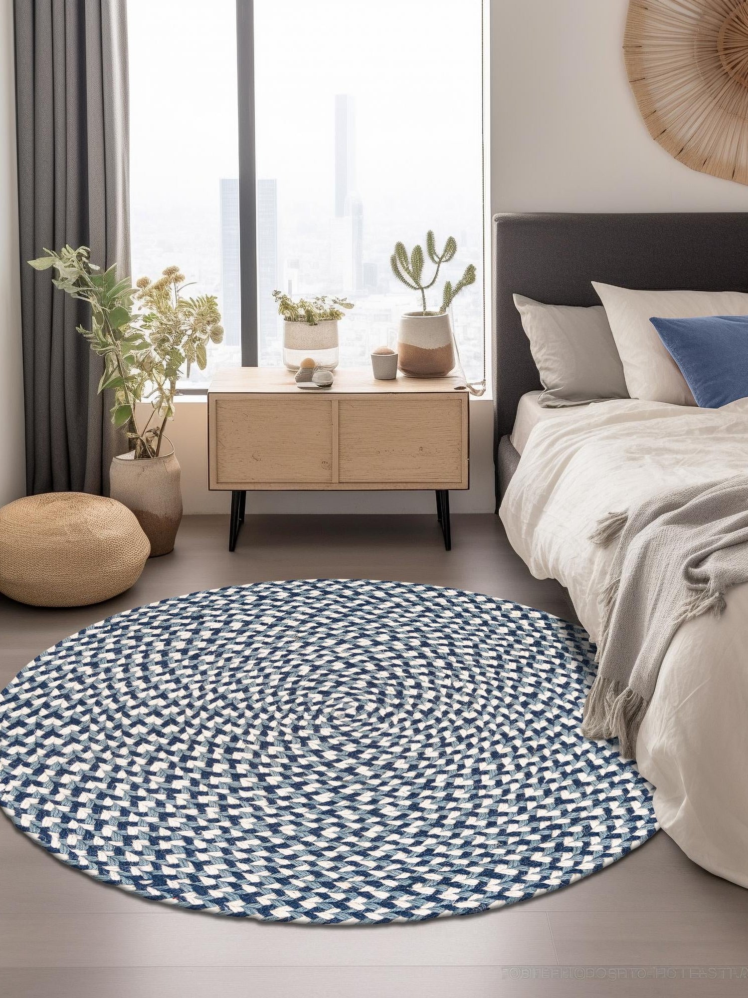 Navy Blue 2' x 2' Tweed Braided Jute Round Area Rug 100% All Natural Jute Hand Braided in India Carpet for Unique Luxury Home Interiors for Sale at Rug Engine