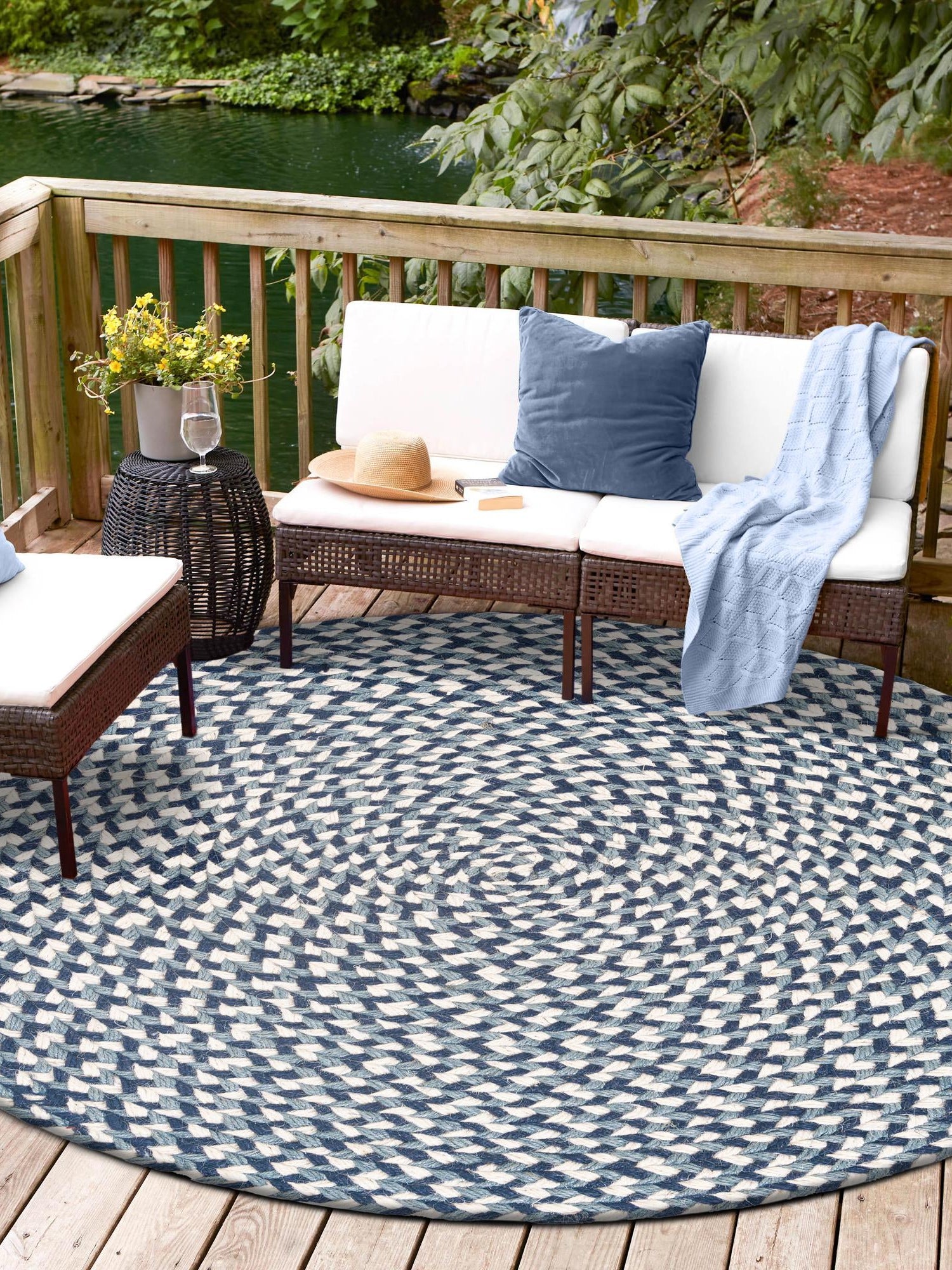 Navy Blue 10' x 10' Tweed Braided Jute Round Area Rug 100% All Natural Jute Hand Braided in India Carpet for Unique Luxury Home Interiors for Sale at Rug Engine