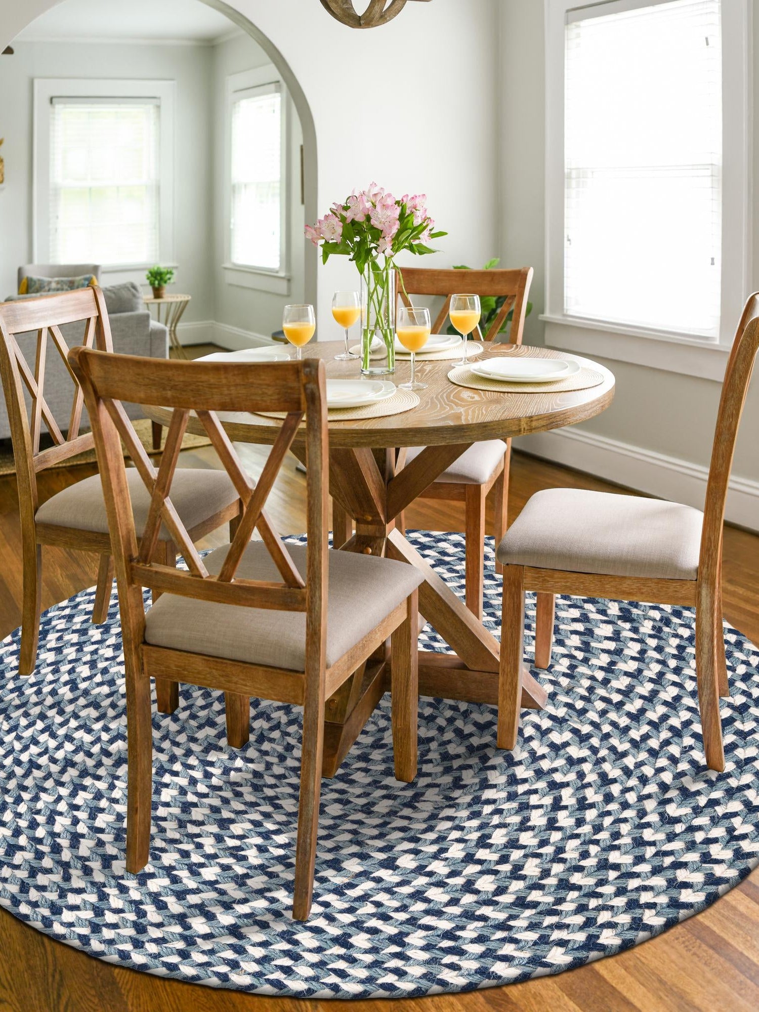 Navy Blue 10' x 10' Tweed Braided Jute Round Area Rug 100% All Natural Jute Hand Braided in India Carpet for Unique Luxury Home Interiors for Sale at Rug Engine
