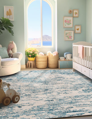 Blue 7' 1 x 7' 1 Oasis Square Area Rug 65% Polypropylene & 35% Polyester Contemporary Carpet for Living Rooms, Bedroom, Kitchen, Dining, Office for Sale at Rug Engine