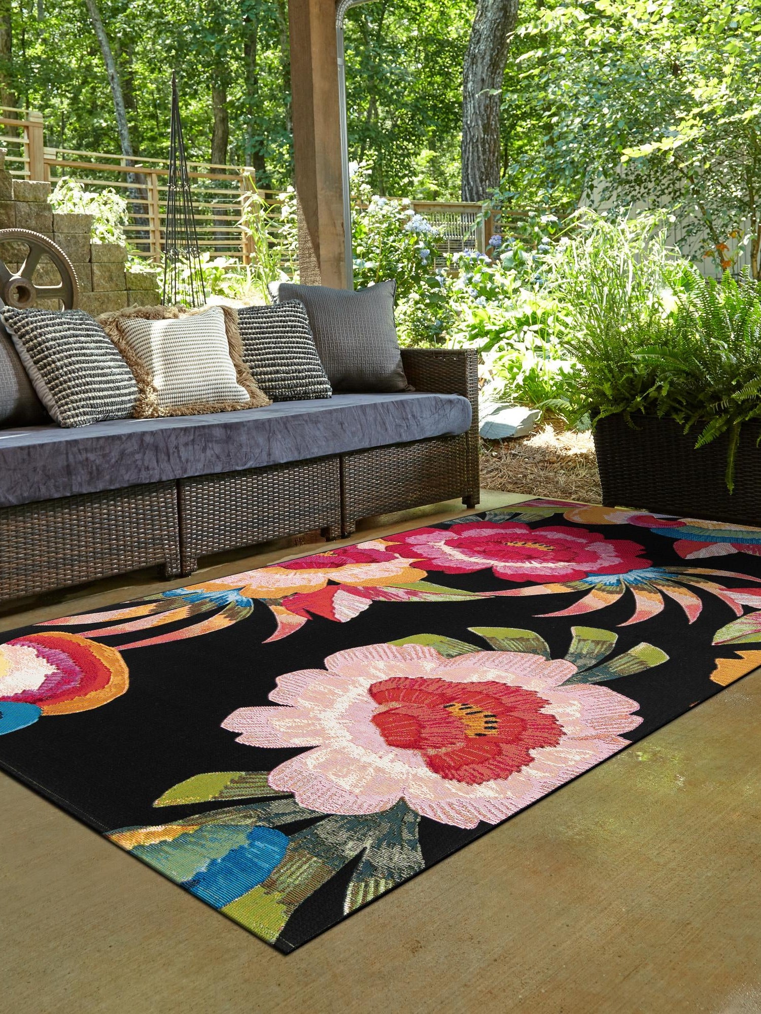 Multicolor 7' 10 x 10' Outdoor Botanical Rectangle Area Rug Weather Resistant for Patio, Deck, Terrace, Balcony, Porch Polypropylene Garden Floral Tropical Carpet for Sale at Rug Engine