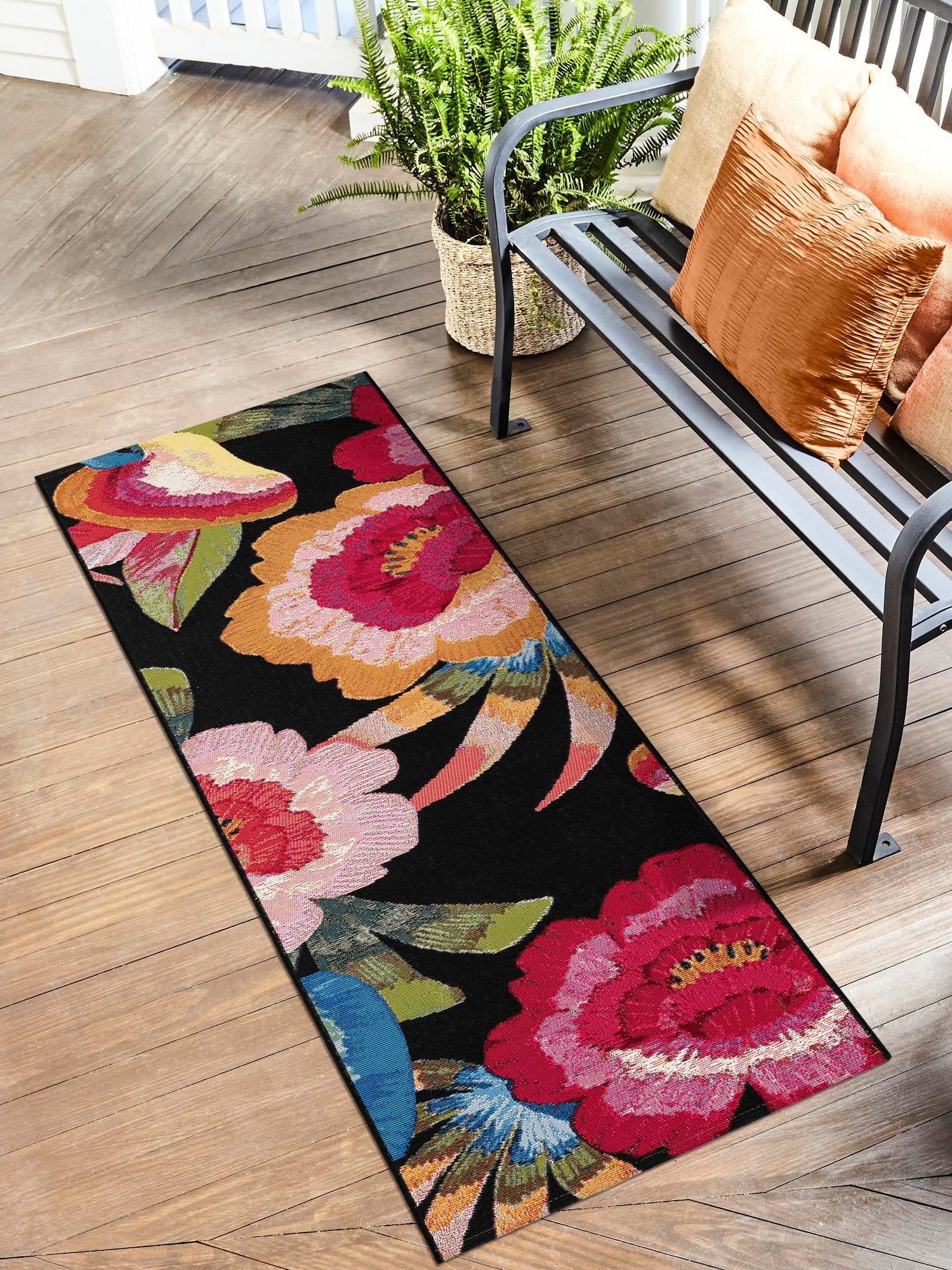 Multicolor 2' 7 x 10' Outdoor Botanical Runner Area Rug Weather Resistant for Patio, Deck, Terrace, Balcony, Porch Polypropylene Garden Floral Tropical Carpet for Sale at Rug Engine