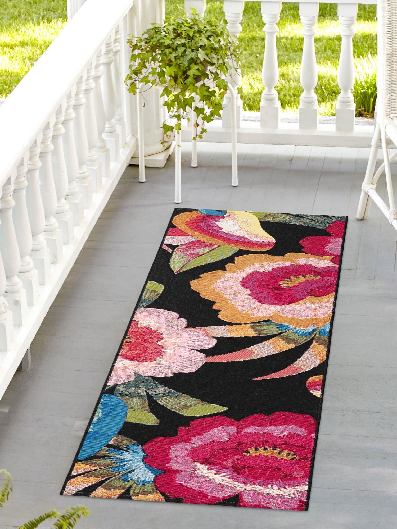 Multicolor 2' 7 x 12' Outdoor Botanical Runner Area Rug Weather Resistant for Patio, Deck, Terrace, Balcony, Porch Polypropylene Garden Floral Tropical Carpet for Sale at Rug Engine