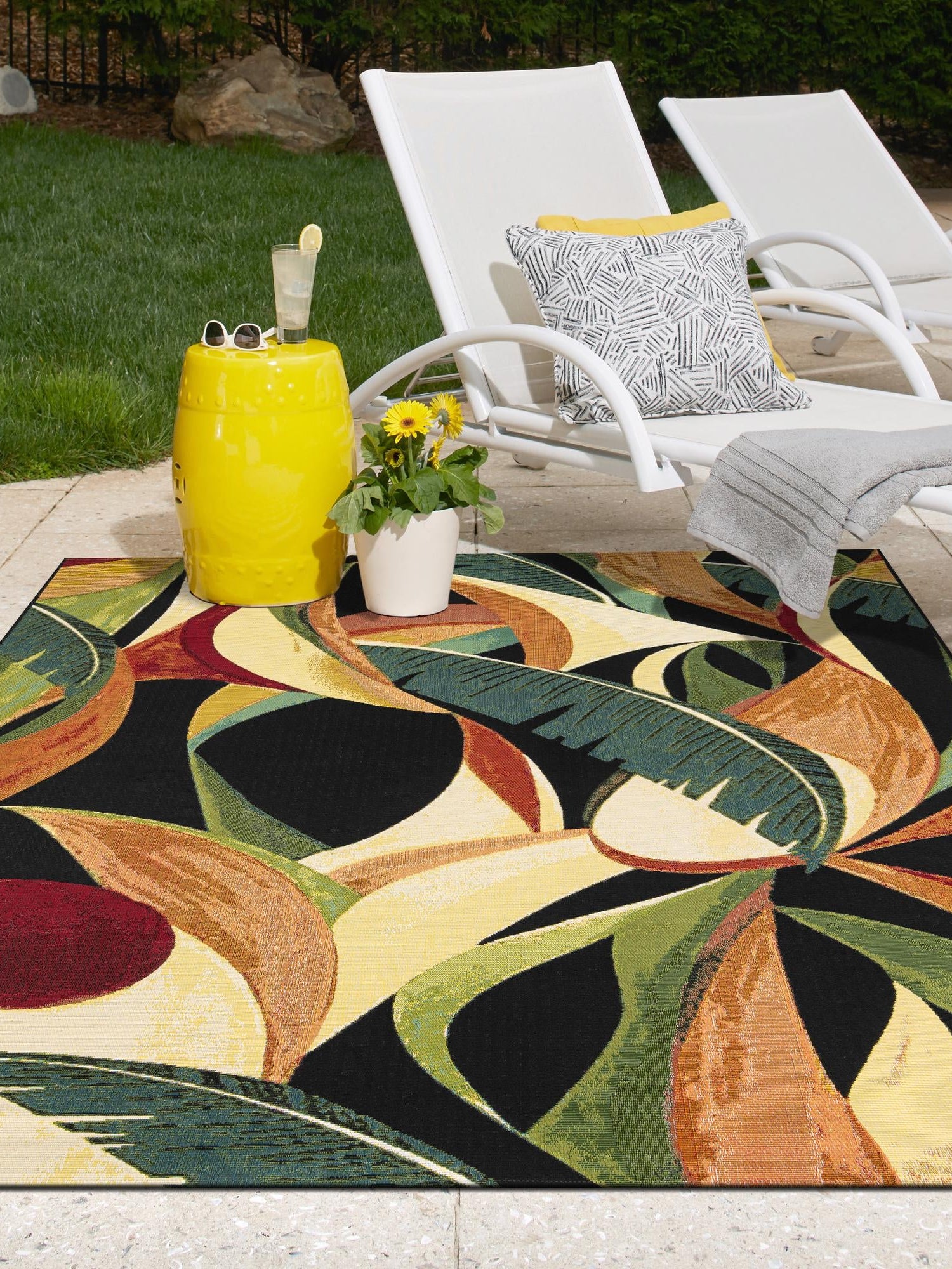 Multicolor 7' 10 x 10' Outdoor Botanical Rectangle Area Rug Weather Resistant for Patio, Deck, Terrace, Balcony, Porch Polypropylene Garden Floral Tropical Carpet for Sale at Rug Engine