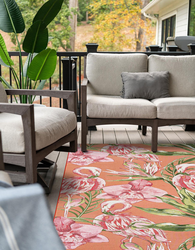 Coral 9' x 12' Outdoor Botanical Rectangle Area Rug Weather Resistant for Patio, Deck, Terrace, Balcony, Porch Polypropylene Garden Floral Tropical Carpet for Sale at Rug Engine