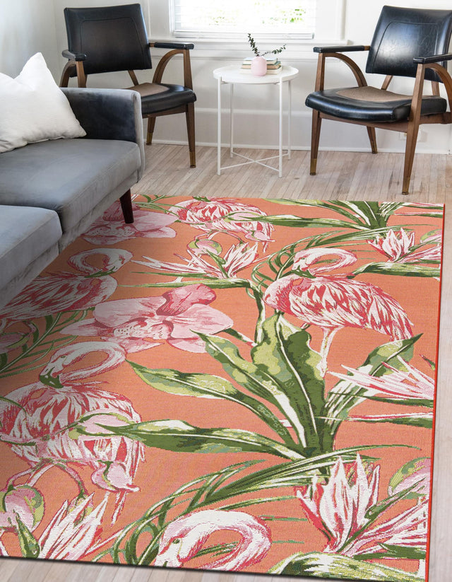 Coral 9' x 12' Outdoor Botanical Rectangle Area Rug Weather Resistant for Patio, Deck, Terrace, Balcony, Porch Polypropylene Garden Floral Tropical Carpet for Sale at Rug Engine