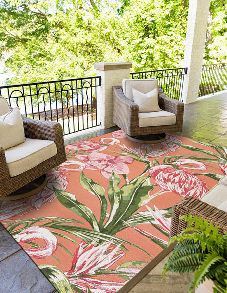 Coral 5' 1 x 8' Outdoor Botanical Rectangle Area Rug Weather Resistant for Patio, Deck, Terrace, Balcony, Porch Polypropylene Garden Floral Tropical Carpet for Sale at Rug Engine