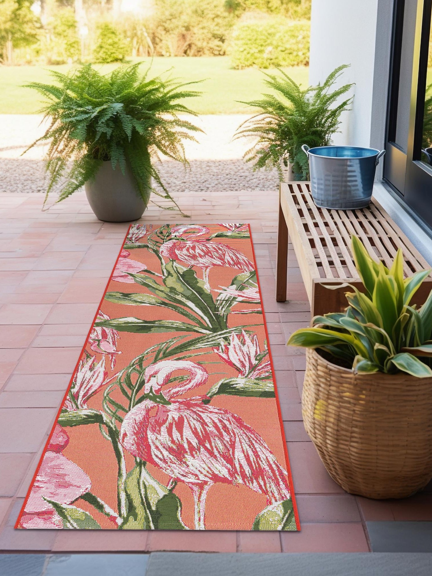 Coral 2' 7 x 12' Outdoor Botanical Runner Area Rug Weather Resistant for Patio, Deck, Terrace, Balcony, Porch Polypropylene Garden Floral Tropical Carpet for Sale at Rug Engine