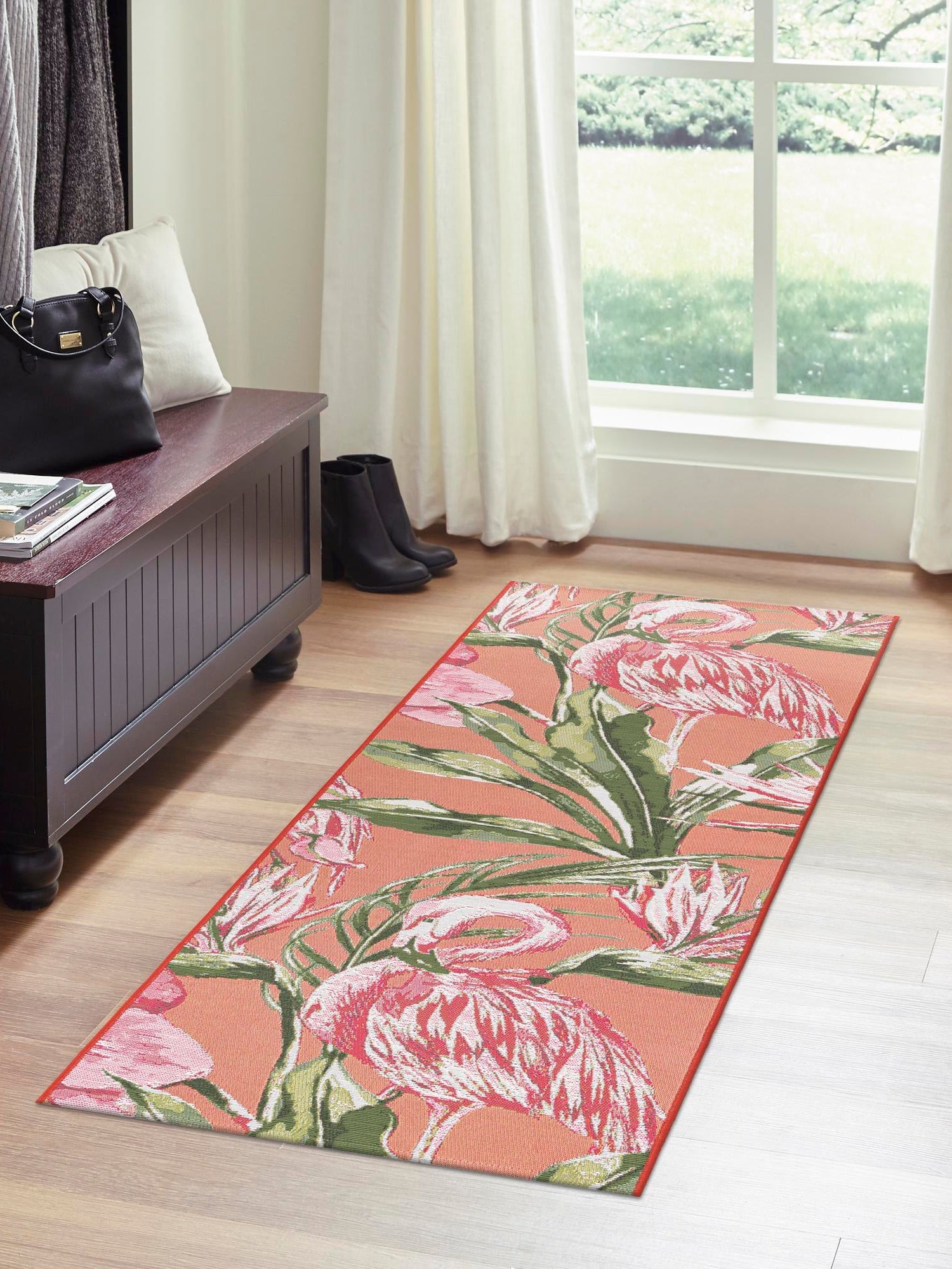Coral 2' 7 x 12' Outdoor Botanical Runner Area Rug Weather Resistant for Patio, Deck, Terrace, Balcony, Porch Polypropylene Garden Floral Tropical Carpet for Sale at Rug Engine