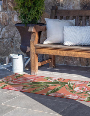 Coral 2' 7 x 10' Outdoor Botanical Runner Area Rug Weather Resistant for Patio, Deck, Terrace, Balcony, Porch Polypropylene Garden Floral Tropical Carpet for Sale at Rug Engine