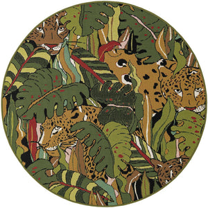 Green 4' 1 x 4' 1 Outdoor Botanical Round Area Rug Weather Resistant for Patio, Deck, Terrace, Balcony, Porch Polypropylene Garden Floral Tropical Carpet for Sale at Rug Engine