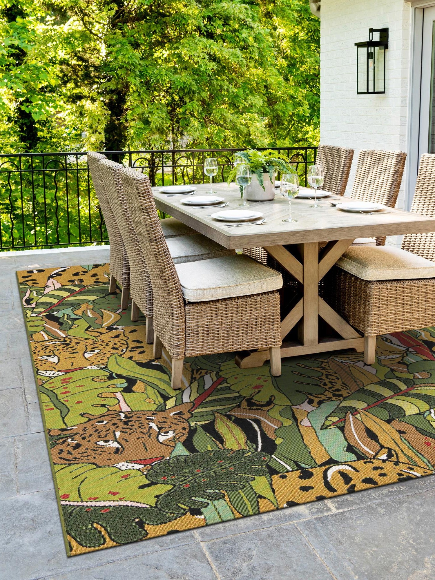 Green 5' 1 x 8' Outdoor Botanical Rectangle Area Rug Weather Resistant for Patio, Deck, Terrace, Balcony, Porch Polypropylene Garden Floral Tropical Carpet for Sale at Rug Engine
