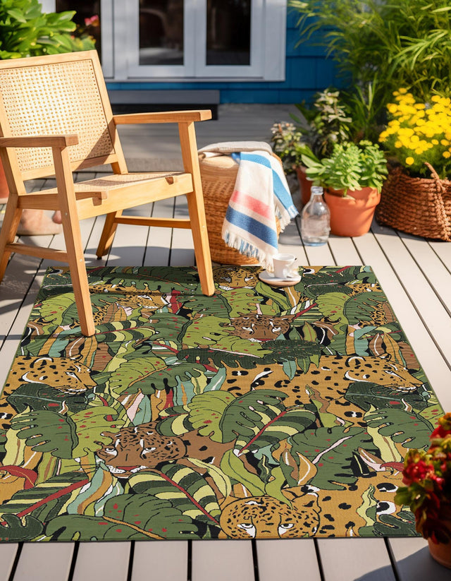 Green 5' 1 x 8' Outdoor Botanical Rectangle Area Rug Weather Resistant for Patio, Deck, Terrace, Balcony, Porch Polypropylene Garden Floral Tropical Carpet for Sale at Rug Engine